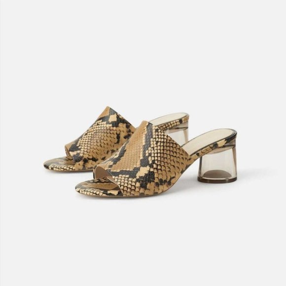 Zara Shoes - Zara Snake Print Clear Block Heel Mule